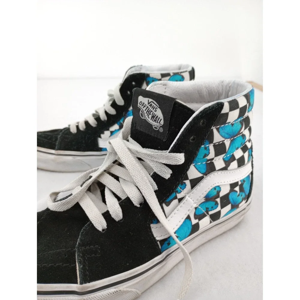 Vans Sk8-Hi Sneakers Womens 5.0 Black Checkerboard Blue Butterfly Skateboard